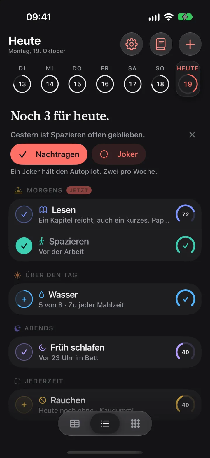 Heute mit der Zeile „Gestern ist Spazieren offen geblieben“ und den Knöpfen Nachtragen und Joker