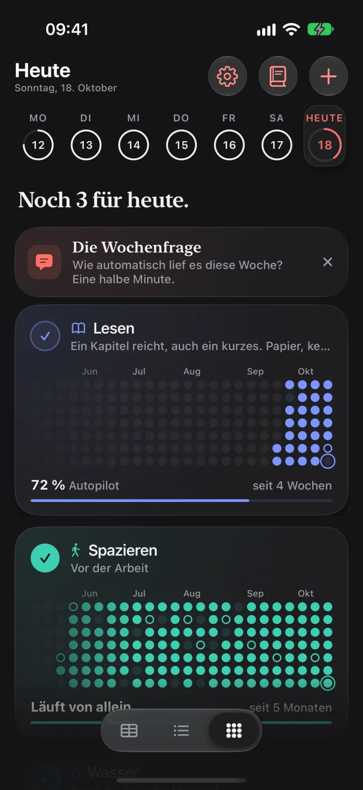 „Heute“ in Dotpilot: jede Gewohnheit als Karte mit ihrem Punktefeld