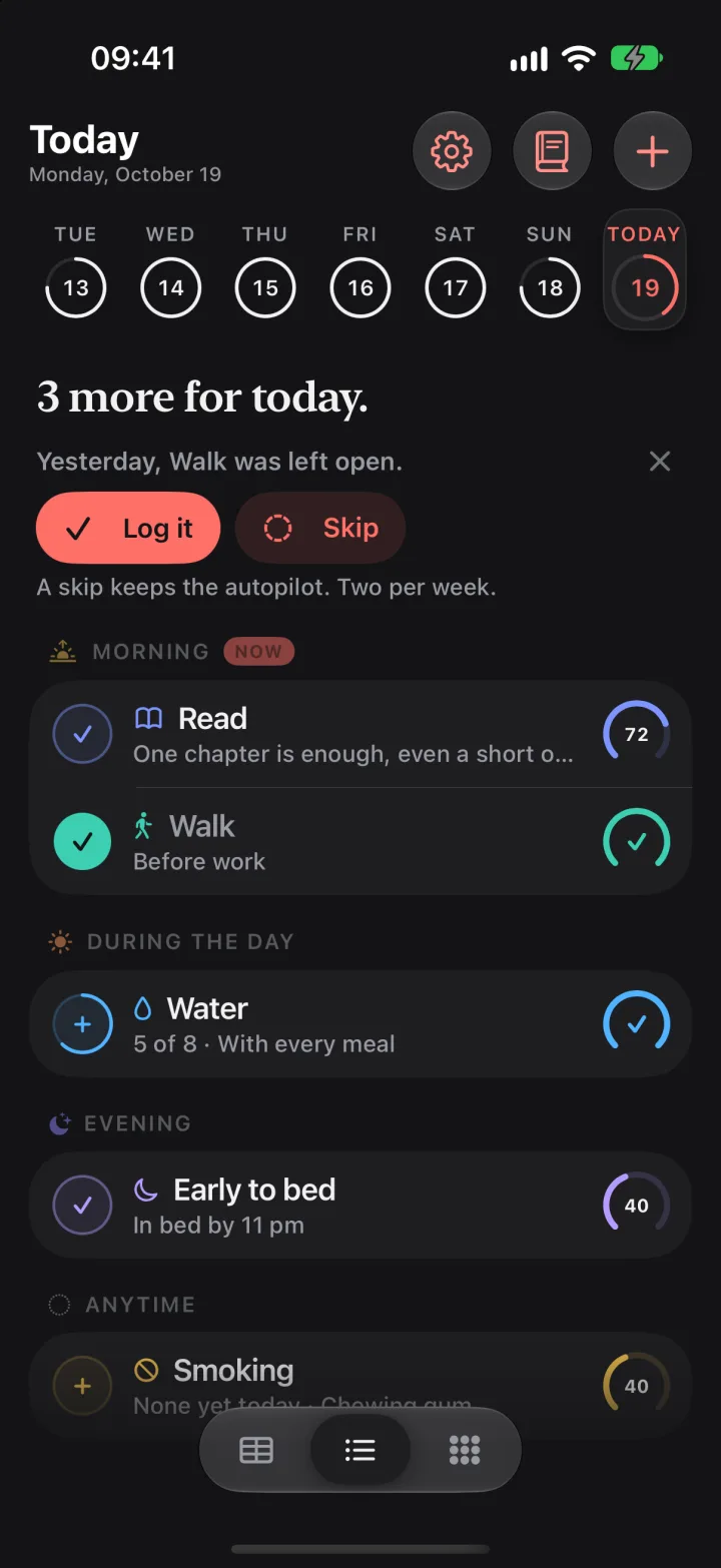 Today with a row about a habit left open yesterday and buttons to log it or skip